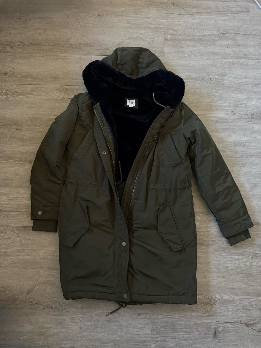 GAP Olive Green Coat with Black Faux Fur Interior xs